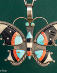Massive Vintage Federico Jimenez Butterfly Pendant | Inlay Pendant with Turquoise, Jet, Spiny Oyster & Bone
