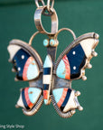 Massive Vintage Federico Jimenez Butterfly Pendant | Inlay Pendant with Turquoise, Jet, Spiny Oyster & Bone