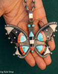 Massive Vintage Federico Jimenez Butterfly Pendant | Inlay Pendant with Turquoise, Jet, Spiny Oyster & Bone