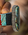 Alvin Yellowhorse Royal Web Variscite Cuff – Navajo Sterling Silver Bracelet-on-Bracelet Design – Turquoise, Coral & Jade Inlay 134g