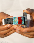 Alvin Yellowhorse Royal Web Variscite Cuff – Navajo Sterling Silver Bracelet-on-Bracelet Design – Turquoise, Coral & Jade Inlay 134g