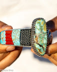 Alvin Yellowhorse Royal Web Variscite Cuff – Navajo Sterling Silver Bracelet-on-Bracelet Design – Turquoise, Coral & Jade Inlay 134g