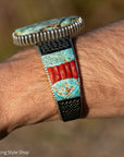 Alvin Yellowhorse Royal Web Variscite Cuff – Navajo Sterling Silver Bracelet-on-Bracelet Design – Turquoise, Coral & Jade Inlay 134g
