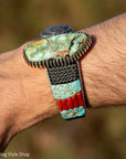 Alvin Yellowhorse Royal Web Variscite Cuff – Navajo Sterling Silver Bracelet-on-Bracelet Design – Turquoise, Coral & Jade Inlay 134g