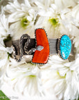 One-of-a-Kind Alvin Yellowhorse Diamondback Rattlesnake Cuff with Hand-Cut Lone Mountain Turquoise & Red Coral