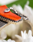 One-of-a-Kind Alvin Yellowhorse Diamondback Rattlesnake Cuff with Hand-Cut Lone Mountain Turquoise & Red Coral