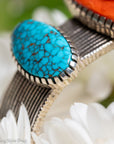 One-of-a-Kind Alvin Yellowhorse Diamondback Rattlesnake Cuff with Hand-Cut Lone Mountain Turquoise & Red Coral