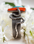 One-of-a-Kind Alvin Yellowhorse Diamondback Rattlesnake Cuff with Hand-Cut Lone Mountain Turquoise & Red Coral