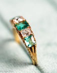 Antique Victorian Emerald Diamond Five Stone Ring, 18k Gold, GIA Colombian No Oil