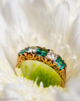Antique Victorian Emerald Diamond Five Stone Ring, 18k Gold, GIA Colombian No Oil