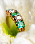 Antique Victorian Emerald Diamond Five Stone Ring, 18k Gold, GIA Colombian No Oil