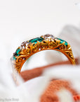 Antique Victorian Emerald Diamond Five Stone Ring, 18k Gold, GIA Colombian No Oil