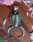 Chimney Butte Naja Pendant, Number 8 Turquoise, Scrollwork, Navajo Sterling