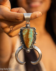 Chimney Butte Naja Pendant, Number 8 Turquoise, Scrollwork, Navajo Sterling