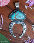 Chimney Butte Naja Pendant, Webbed Number 8 Turquoise, Navajo Sterling