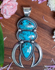 Chimney Butte Naja Pendant, Three Kingman Turquoise Stones, Navajo Sterling