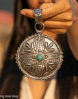 Roland Dixson Large Concho Pendant, Repousse Cross, Navajo Sterling Silver