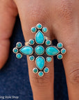 Federico Jimenez Turquoise Cross Ring, Signed Oaxacan Sterling Silver, Adjustable