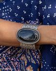 Chimney Butte Onyx Cuff, Large Oval Black Onyx, Hand Stamped Navajo Sterling, 148g