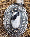 Chimney Butte White Buffalo Pendant, Scalloped Oval Concho, Navajo Sterling
