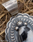 Chimney Butte White Buffalo Pendant, Scalloped Oval Concho, Navajo Sterling