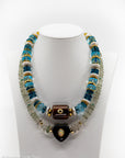 15.5" Beaded Collar Necklace, Blue Quartz Beads, freshwater pearls