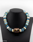15.5" Beaded Collar Necklace, Blue Quartz Beads, freshwater pearls
