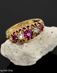 Antique 1900s 18K old cut ruby and diamond half hoop ring