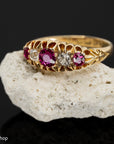 Antique 1900s 18K old cut ruby and diamond half hoop ring