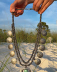Vintage Navajo Sterling Silver Bead Necklace with Naja Pendant and 10 Coin Charms