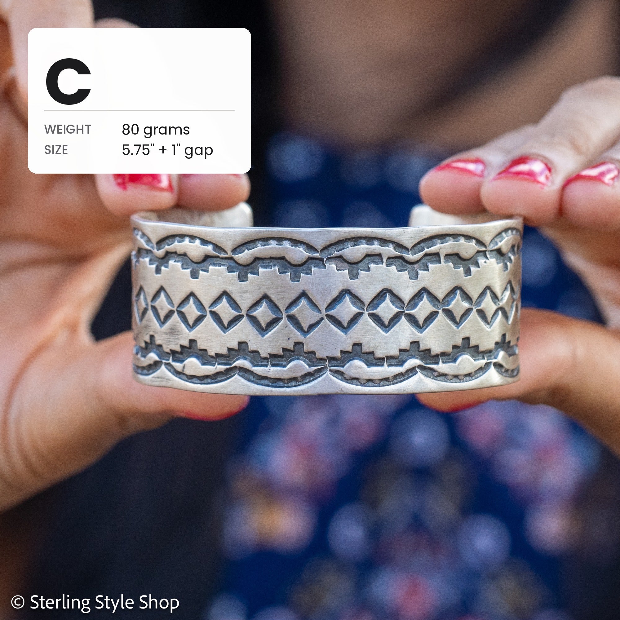 Juan Guerrero Hand Stamped Sterling Silver Cuff, Wide 1 Inch Band, 80g