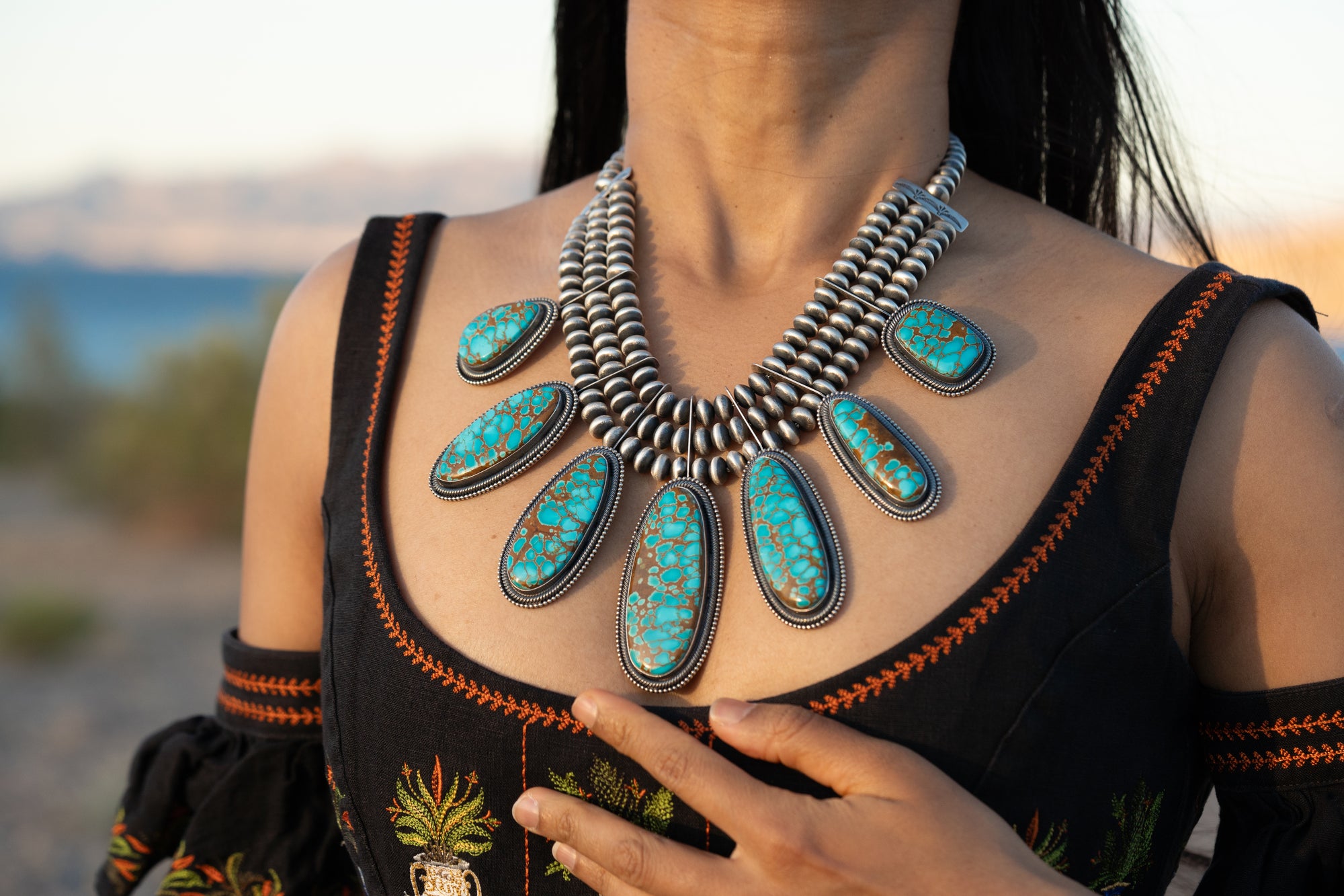 Ernest R Begay Candelaria Turquoise Necklace | 9mm Navajo Pearls | 286g Statement Necklace