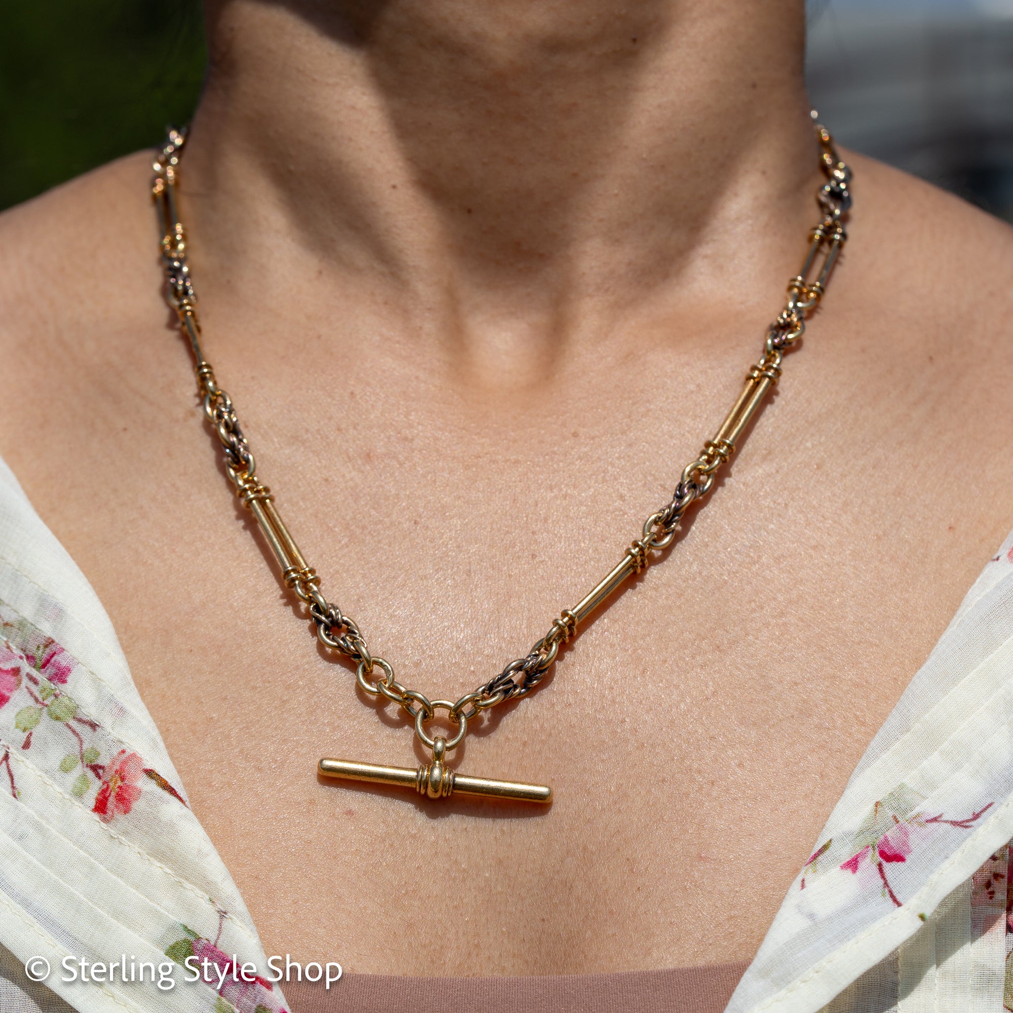 Antique 18kt Gold Trombone Lover’s Knot Albert Necklace | Chester 1915 Hallmarked | 18k T-Bar Dog Clip Watch Chain