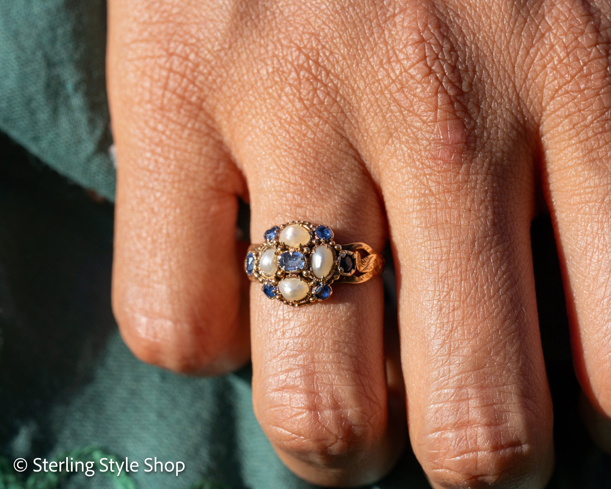 Antique 15K Gold Sapphire &amp; Pearl Cluster Ring