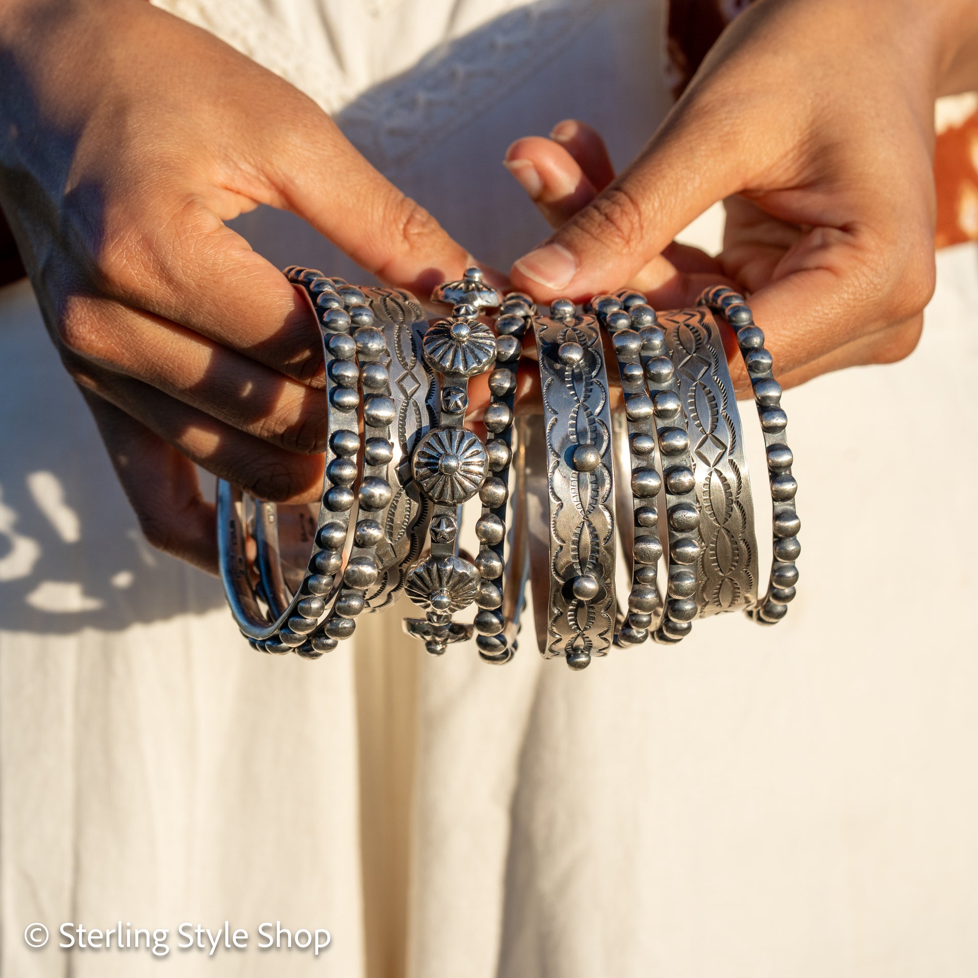 Chimney Butte Sterling Silver Ball, Beaded or Stamped Bangle Bracelet – Stackable Southwestern Jewelry - Oxidized