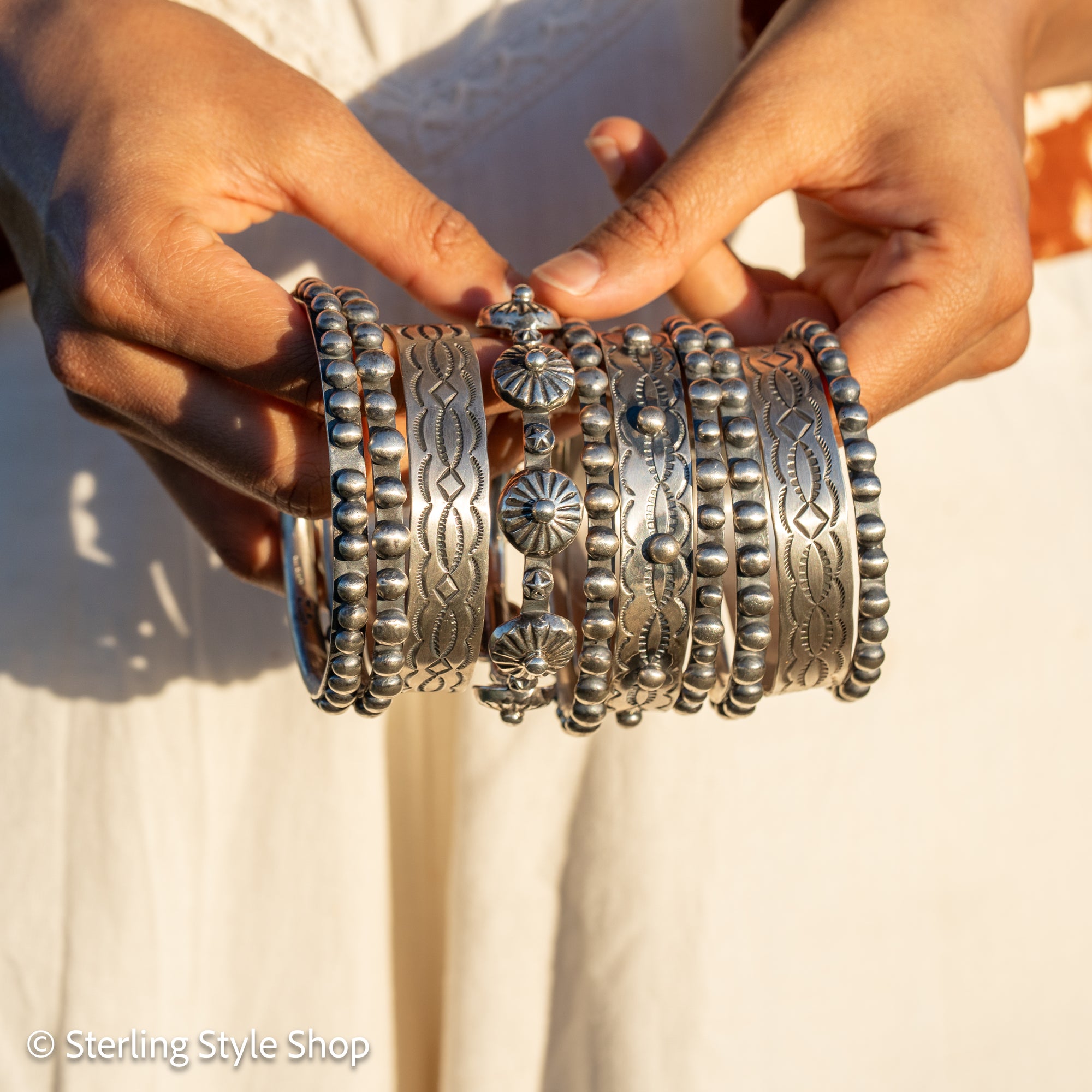 Chimney Butte Sterling Silver Ball, Beaded or Stamped Bangle Bracelet – Stackable Southwestern Jewelry - Oxidized