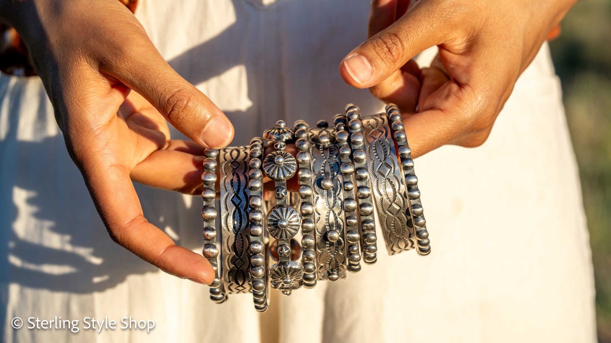 Chimney Butte Sterling Silver Ball, Beaded or Stamped Bangle Bracelet – Stackable Southwestern Jewelry - Oxidized
