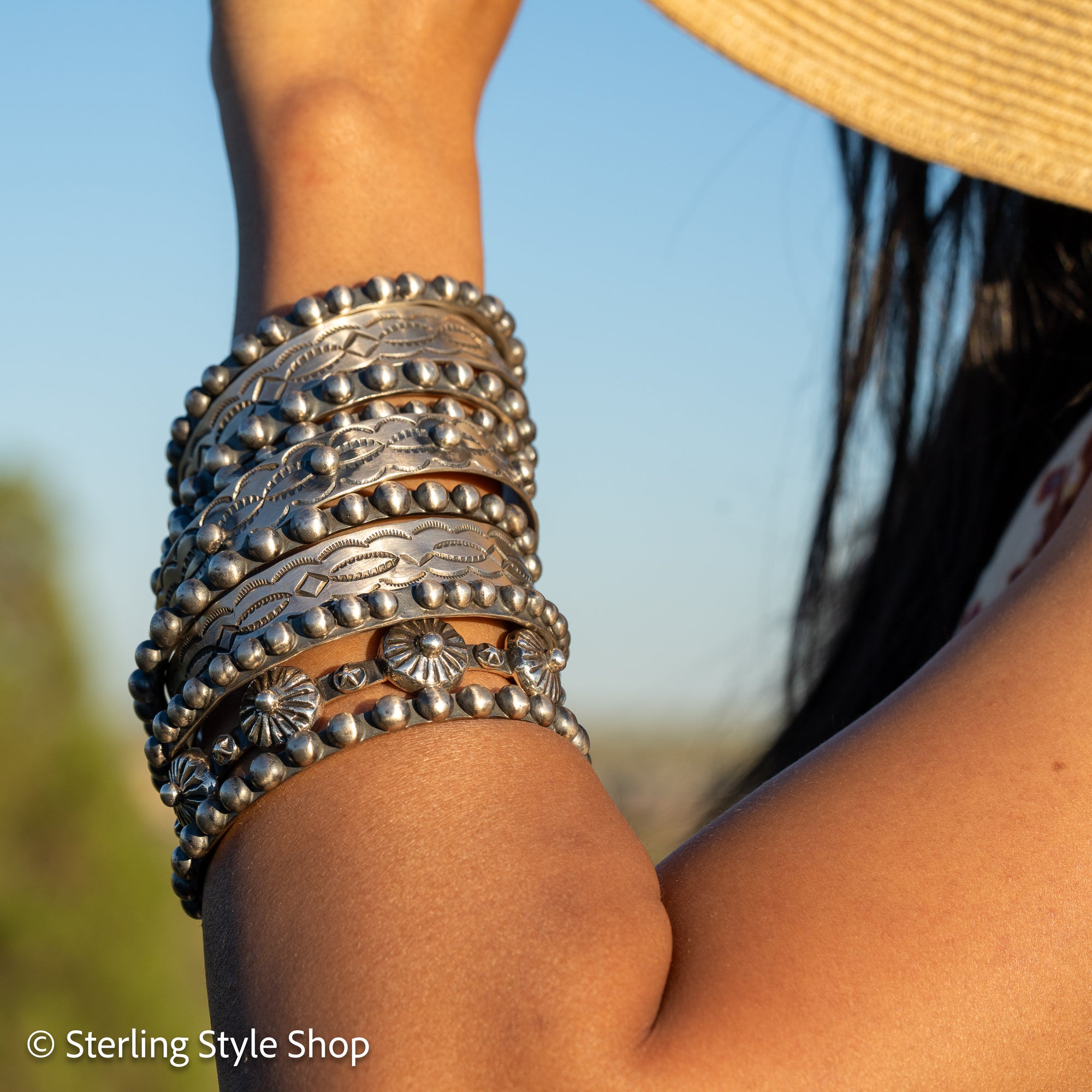Chimney Butte Sterling Silver Ball, Beaded or Stamped Bangle Bracelet – Stackable Southwestern Jewelry - Oxidized