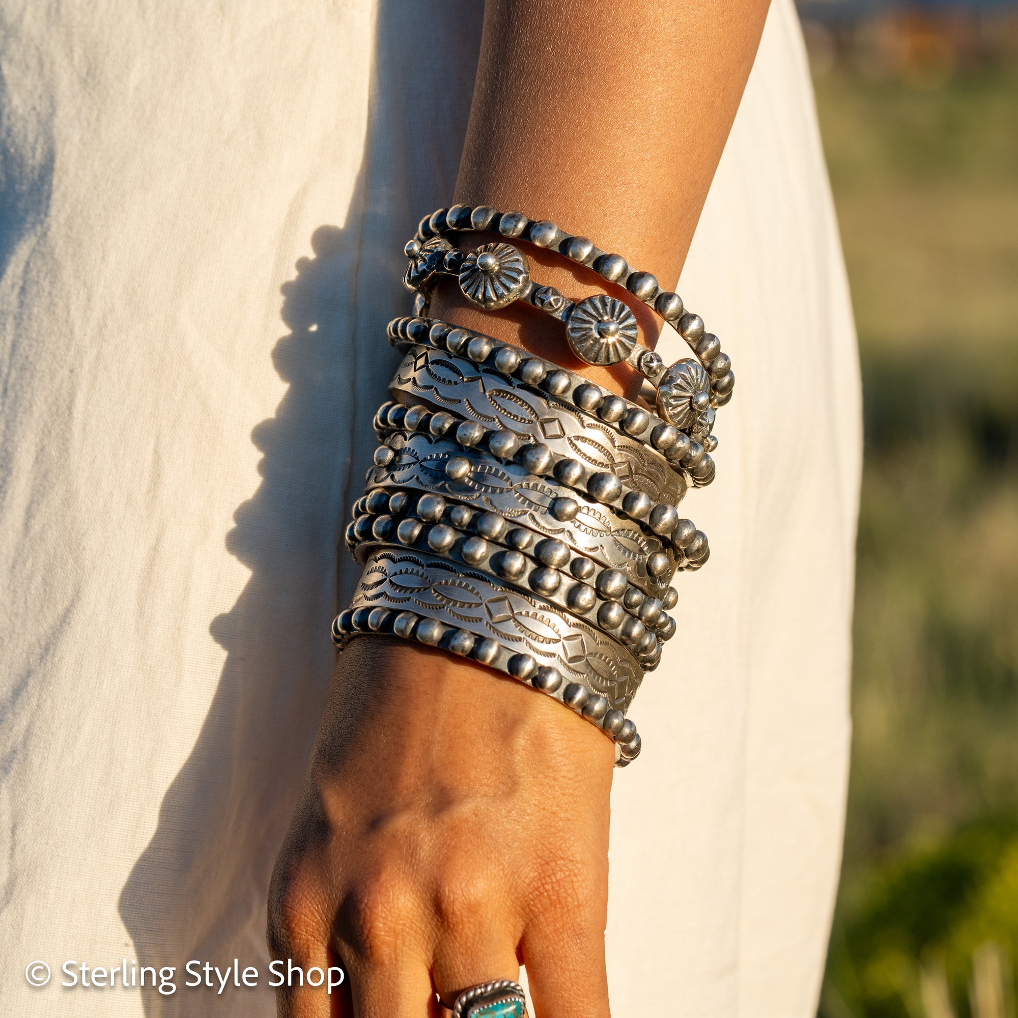 Chimney Butte Sterling Silver Ball, Beaded or Stamped Bangle Bracelet – Stackable Southwestern Jewelry - Oxidized