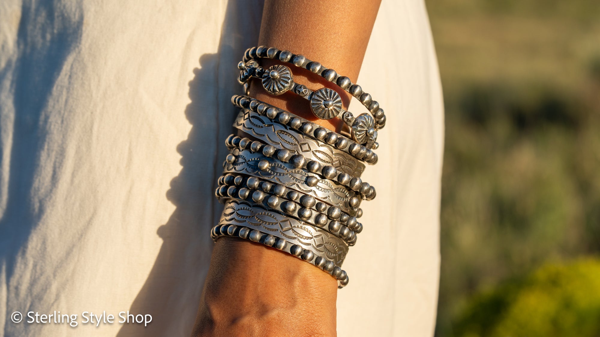 Chimney Butte Sterling Silver Ball, Beaded or Stamped Bangle Bracelet – Stackable Southwestern Jewelry - Oxidized
