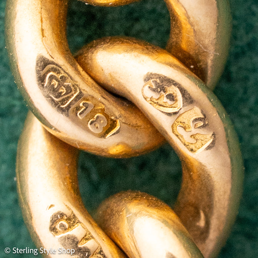 Antique 1925 18kt Gold Curb Link Watch Chain Necklace | Chester Hallmarked T-Bar &amp; Dog Clips | Heavy Solid Gold Chain