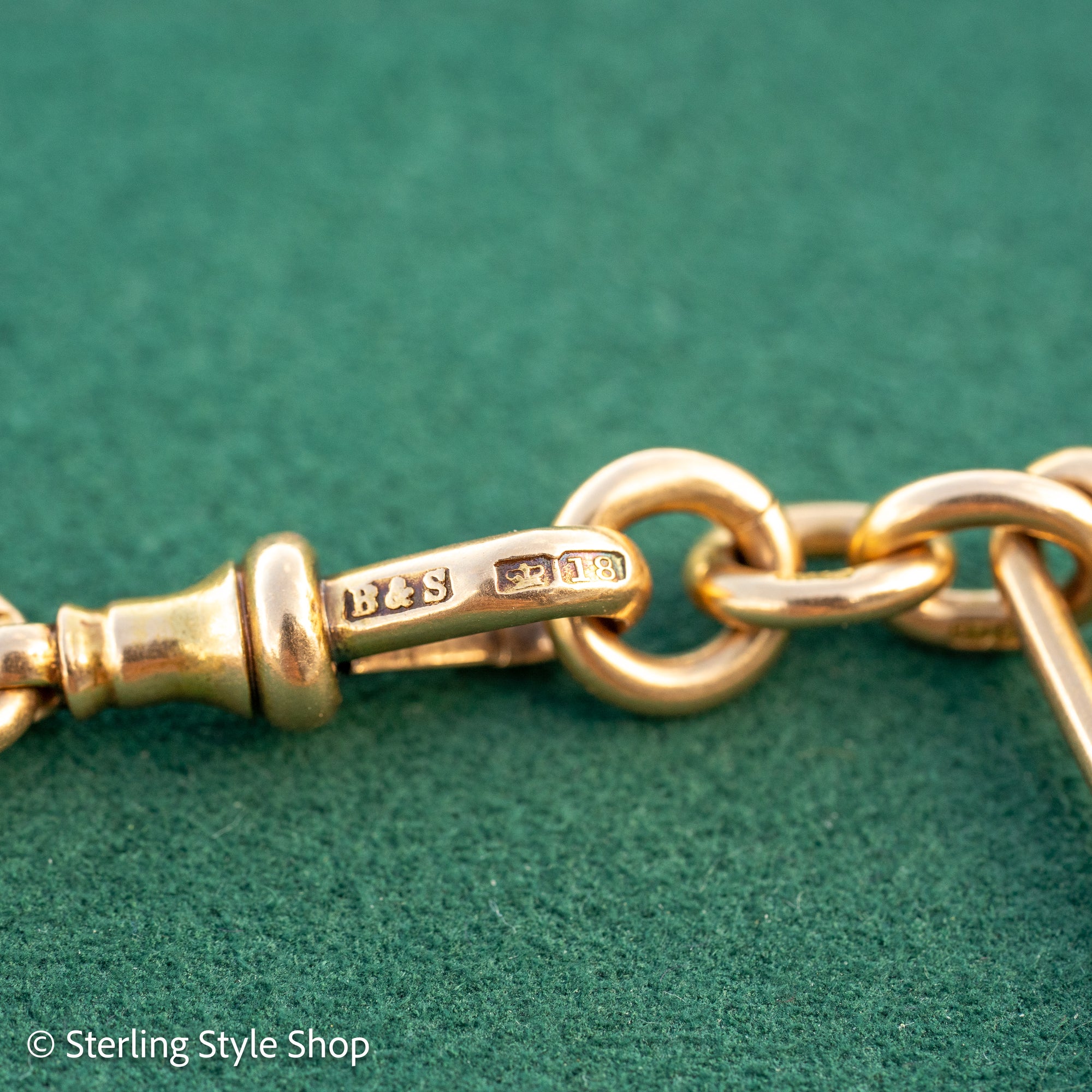 Antique Solid 18K Gold Trombone Link Chain with T-Bar and Dog Clip, Full Hallmarks