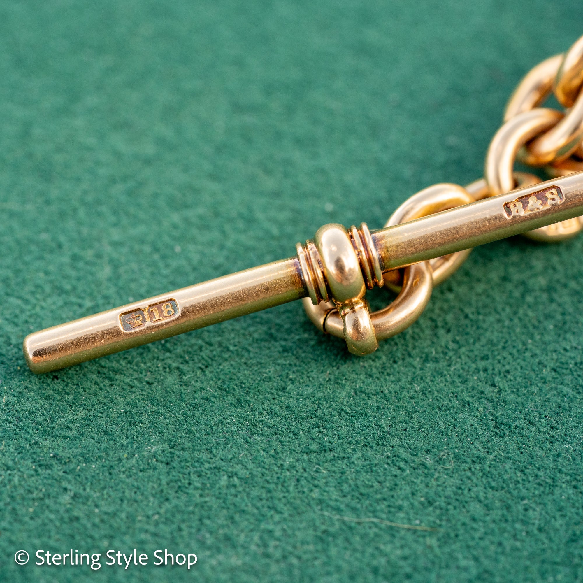 Antique Solid 18K Gold Trombone Link Chain with T-Bar and Dog Clip, Full Hallmarks