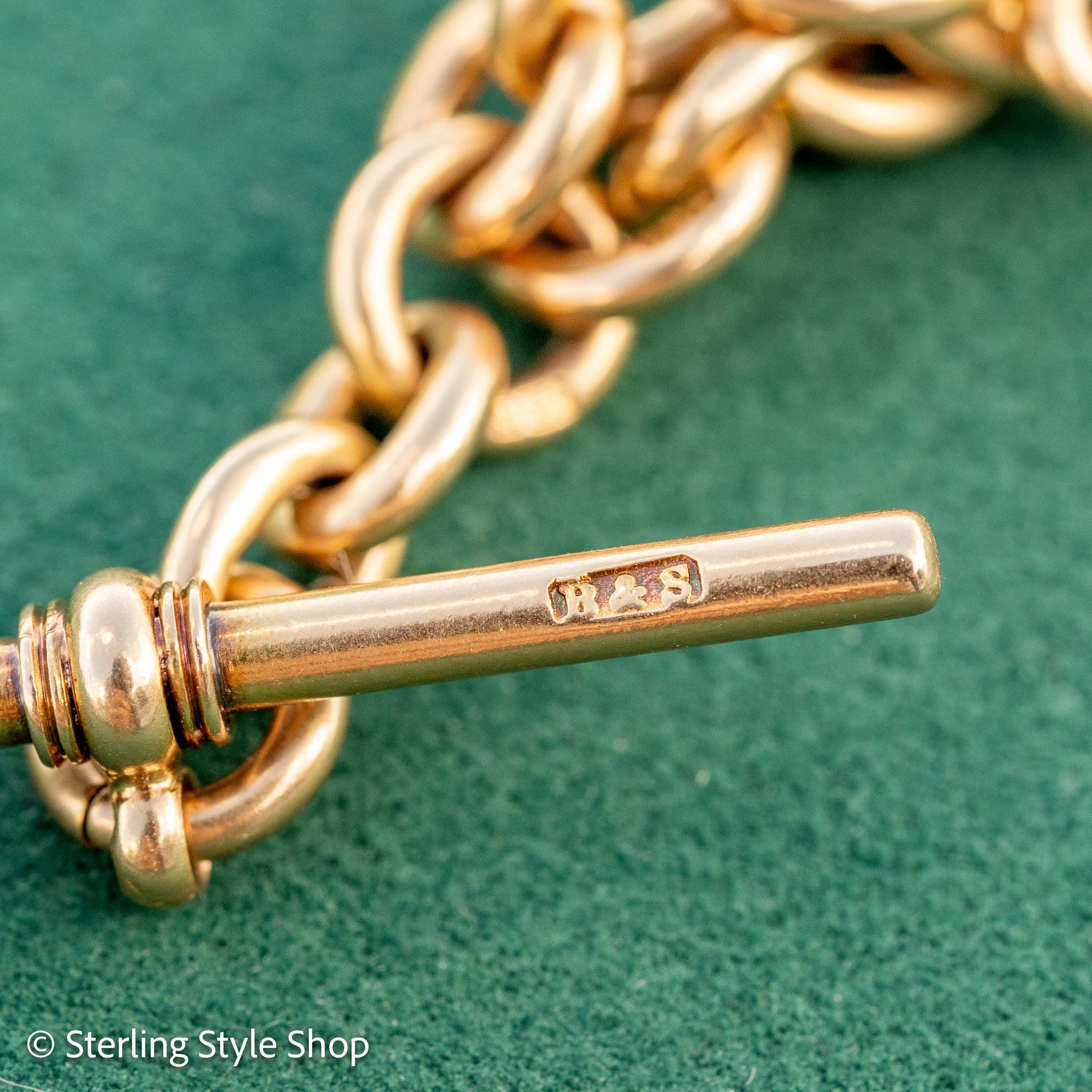 Antique Solid 18K Gold Trombone Link Chain with T-Bar and Dog Clip, Full Hallmarks