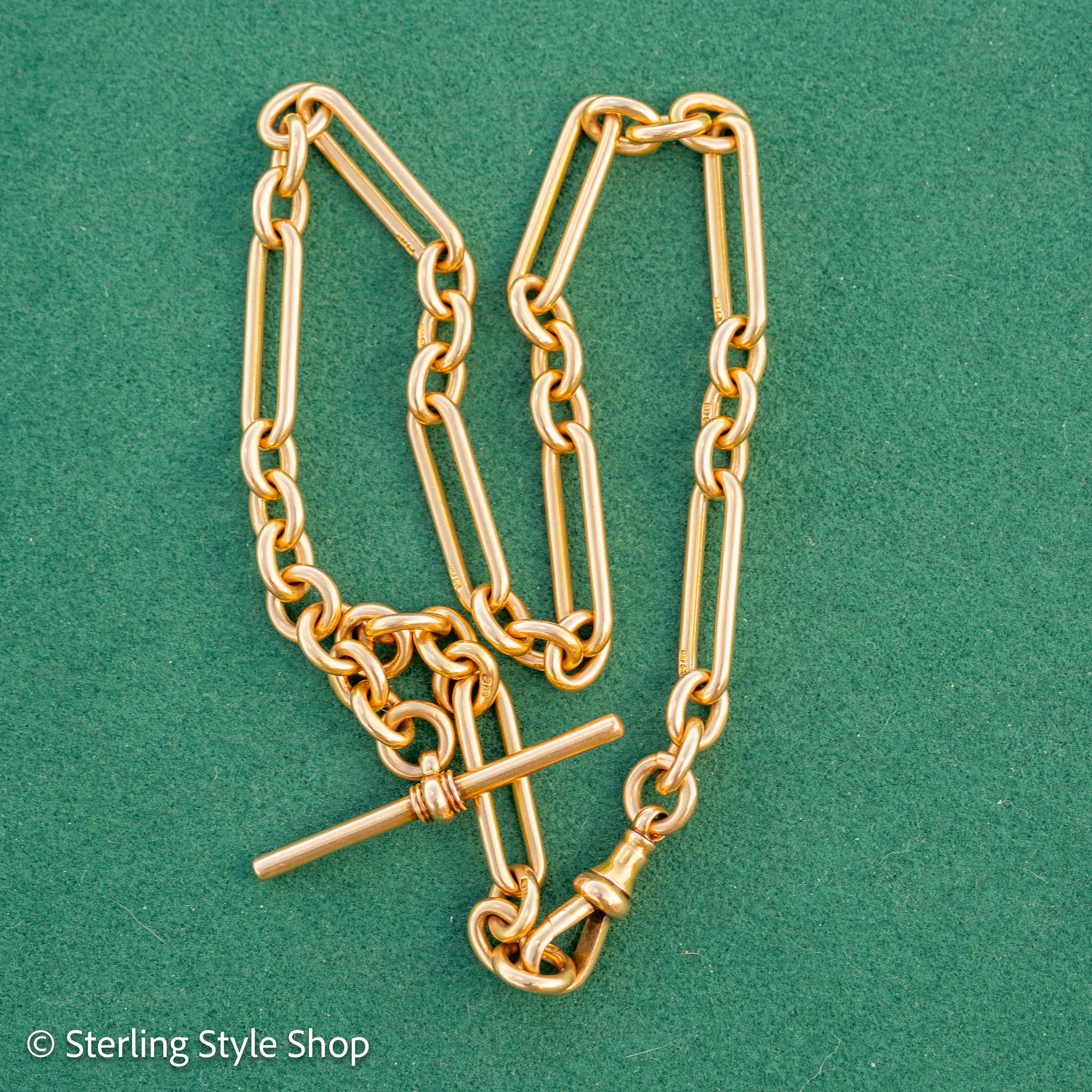 Antique Solid 18K Gold Trombone Link Chain with T-Bar and Dog Clip, Full Hallmarks