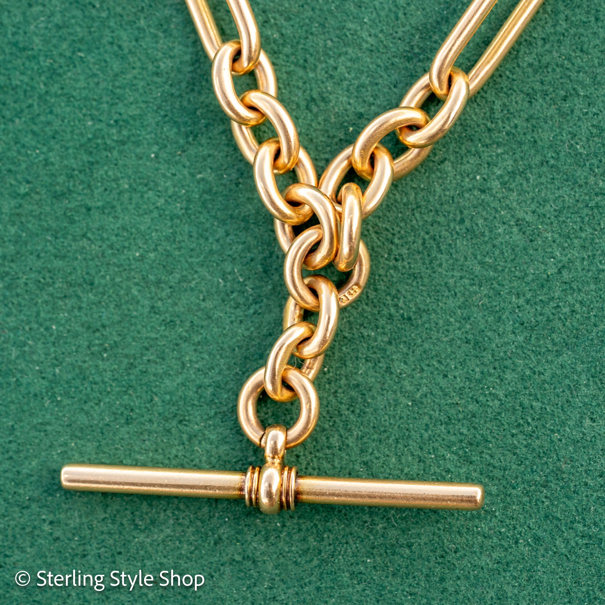 Antique Solid 18K Gold Trombone Link Chain with T-Bar and Dog Clip, Full Hallmarks