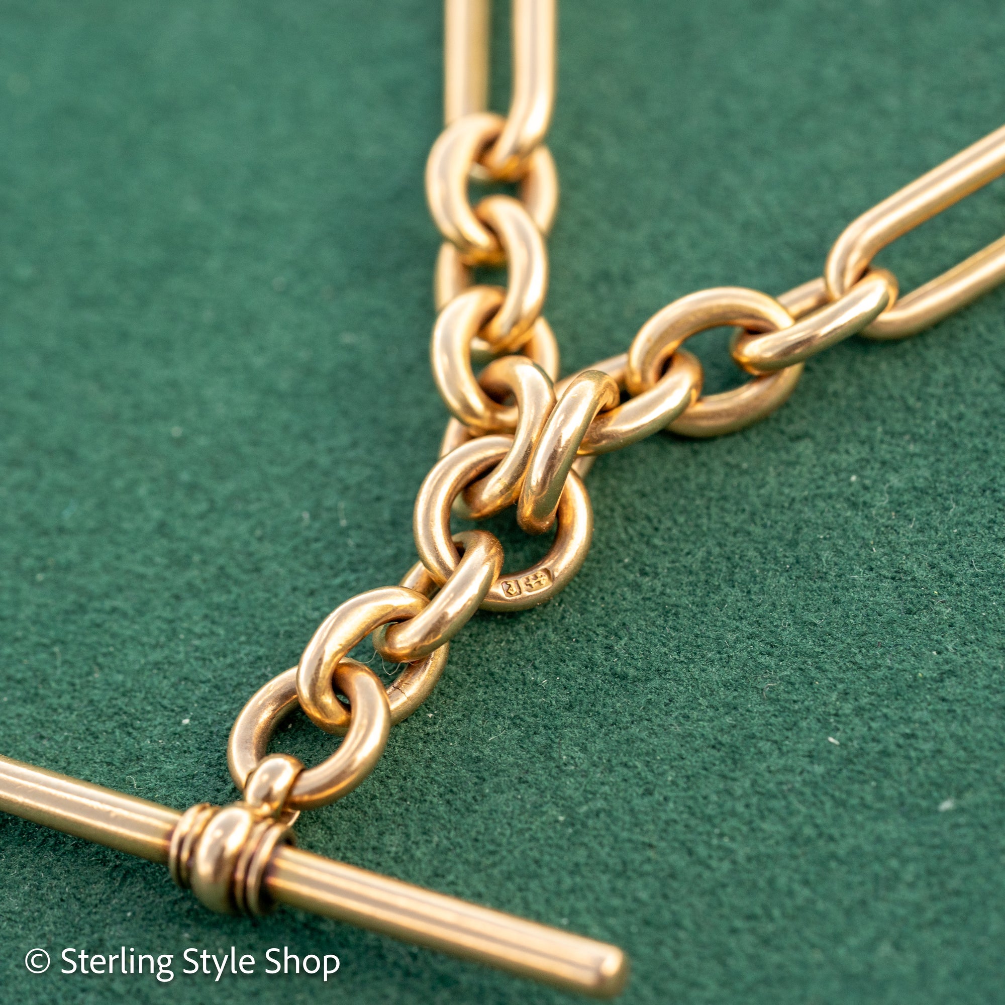 Antique Solid 18K Gold Trombone Link Chain with T-Bar and Dog Clip, Full Hallmarks