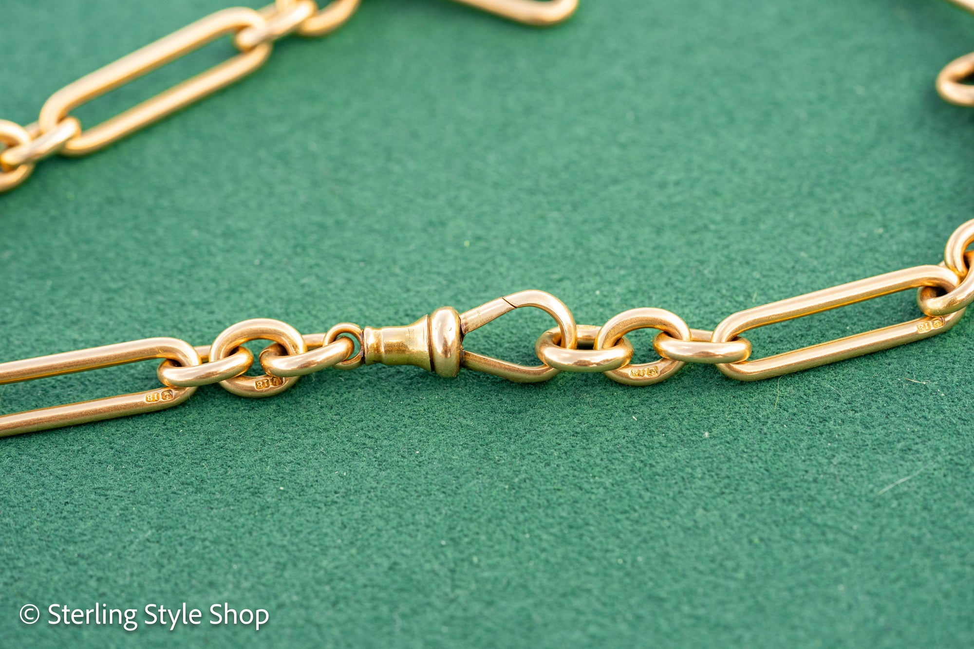 Antique Solid 18K Gold Trombone Link Chain with T-Bar and Dog Clip, Full Hallmarks