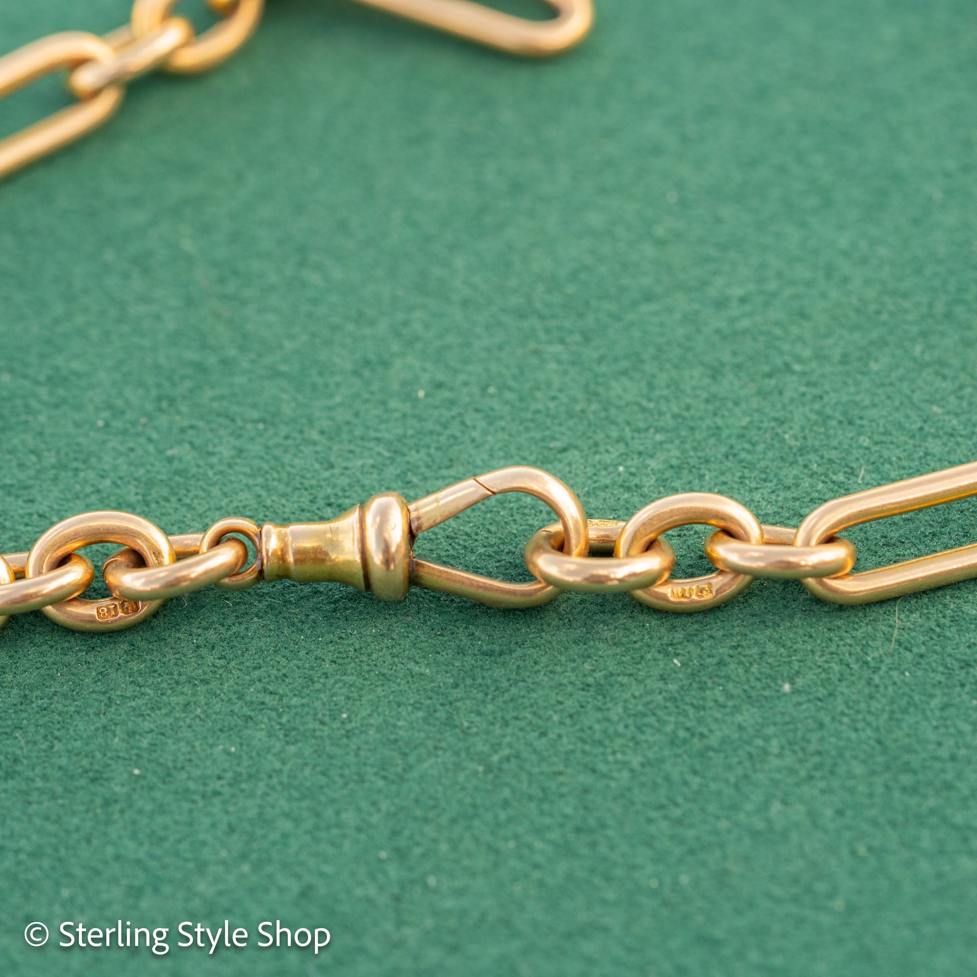 Antique Solid 18K Gold Trombone Link Chain with T-Bar and Dog Clip, Full Hallmarks