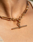 Antique Solid 18K Gold Trombone Link Chain with T-Bar and Dog Clip, Full Hallmarks